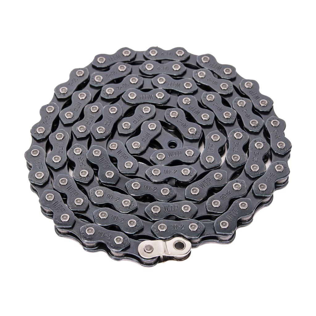 The Wethepeople Demand Chain is a coiled metal roller chain with interlocking links, celebrated for its renowned KMC quality and durability, typically used in bicycles, displayed on a white background.