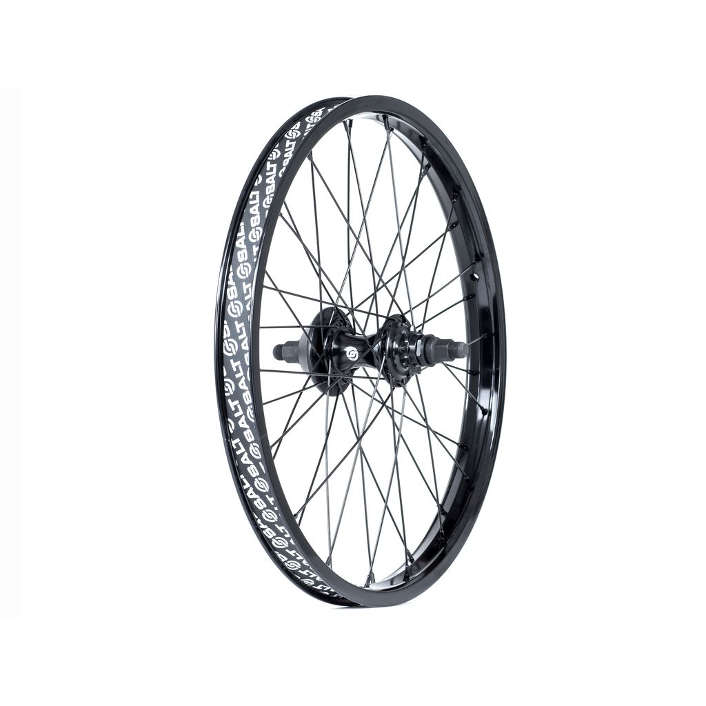 A Salt EX Cassette Rear Wheel with black spokes, a black Salt Ex Cassette hub, and a single wall rim featuring white text and symbols.