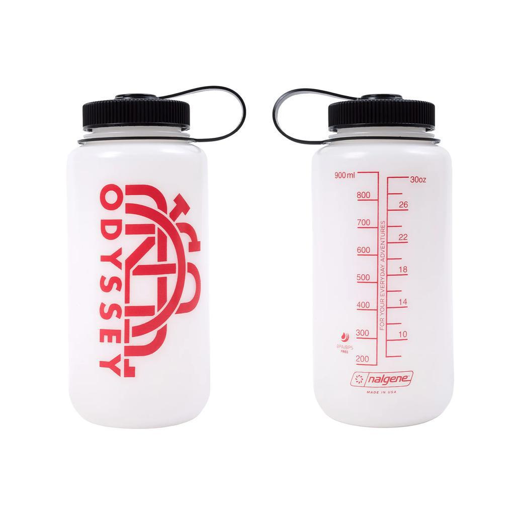 Two white water bottles with black caps: the Odyssey Split Monogram Water Bottle featuring red "Odyssey" text and logo, and a 32oz Nalgene bottle with precise volume markings in milliliters and ounces.