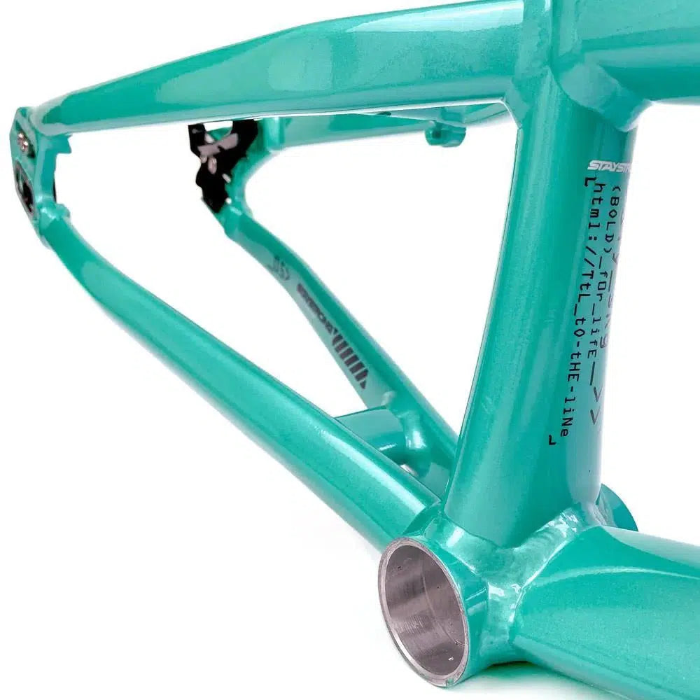 Close-up of a green aluminium Staystrong V5 Disc Pro L Frame, highlighting the bottom bracket area and welds, with some text and markings visible on the 6061 alloy tubing.