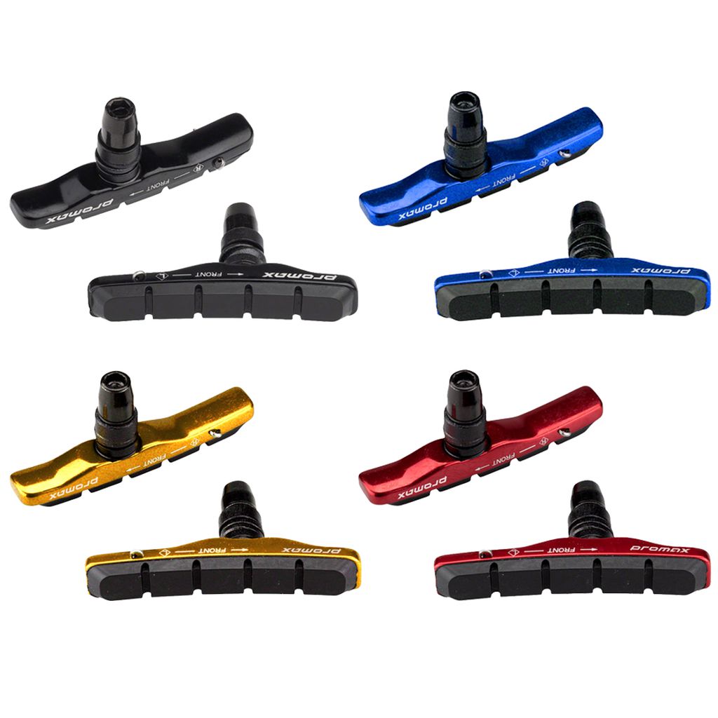 A set of seven vibrant Promax B-1 Cartridge Brake Pads available in black, blue, red, gold, and green, each marked with the "Promax" logo and featuring two visible mounting screws on top—perfect for your V-brake pad sets.