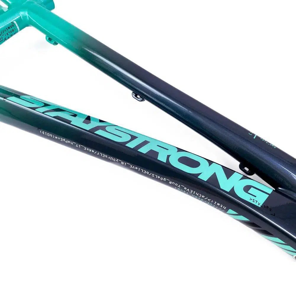 Close-up of a bicycle frame showing the words "STAY STRONG" in bold, turquoise letters on a dark gradient background. This aluminium race frame, part of the Staystrong V5 Disc Pro XXXL Frame series, showcases impeccable craftsmanship and comes equipped with disc brake beauties for unmatched performance.