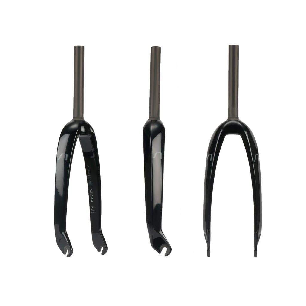 Three Arise Solar Carbon Forks for juniors, featuring advanced Torayca Carbon Fiber and a 1-inch, 10mm design, are shown from various angles against a white background.