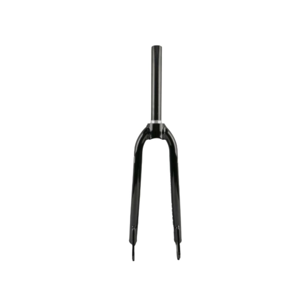 The Arise Quartz Junior Forks feature a sleek black design with a lightweight chromoly steerer tube and dropouts, ideal for front wheel attachment.