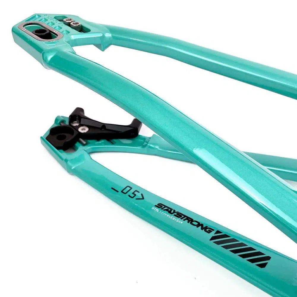 Close-up of a teal aluminium race frame with the text "Staystrong V5 Disc Pro XXL Frame" and "-05-" printed in black on its surface.