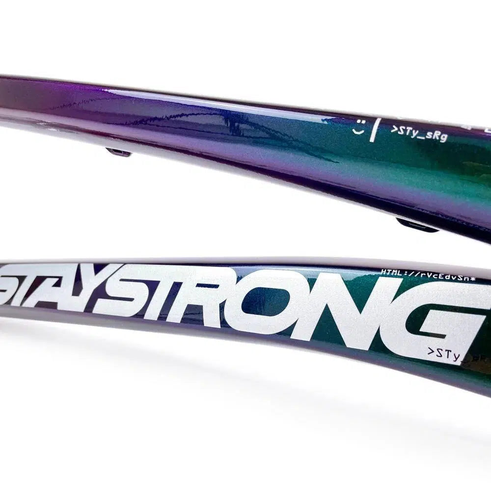 Close-up of an aluminium race frame with the brand name "STAYSTRONG" printed on it in white letters, set against a reflective, multicolored surface. This is one of the latest Staystrong V5 Disc Pro L frames equipped with disc brakes for superior stopping power.