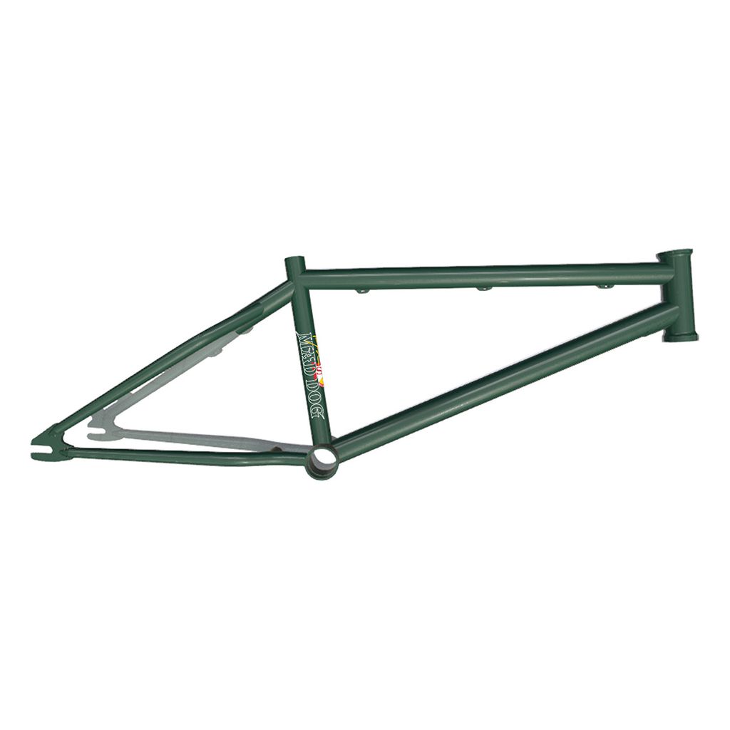 The S&M Mad Dog (Chris Moeller) Disc 20 Inch Frame is a sleek American-made green bicycle frame. Displayed against a white background, the brand logo on the down tube highlights its quality craftsmanship, making it ideal for those seeking excellence in every pedal.