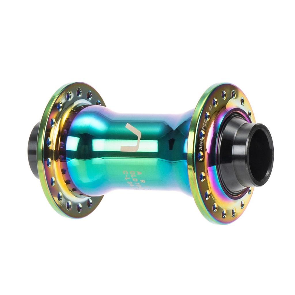 The Arise Echo Front Hub is vibrant, race-ready, and lightweight, featuring multiple bolt holes and an iridescent metallic finish. Its design includes oversized bearings for smooth performance.