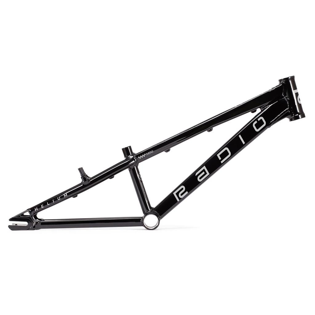 The Radio Raceline Helium 2025 Mini Frame in sleek black features "Radio" on the side with a geometric design. Made from hydroformed 6061 alloy, this lightweight race frame includes mounting points and a polished metallic finish, ideal for performance enthusiasts.