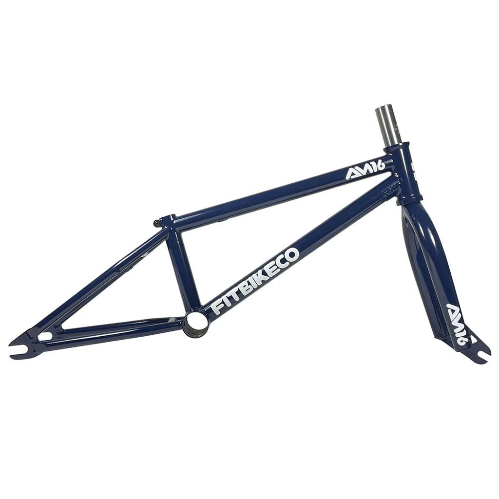 The Fit Bike Co AM 16 Frame & Fork Kit features a blue BMX frame with an integrated front fork and showcases "FIT BIKE CO" and "Fit AM 16" in white lettering, ideal for young riders eager to hit the streets.