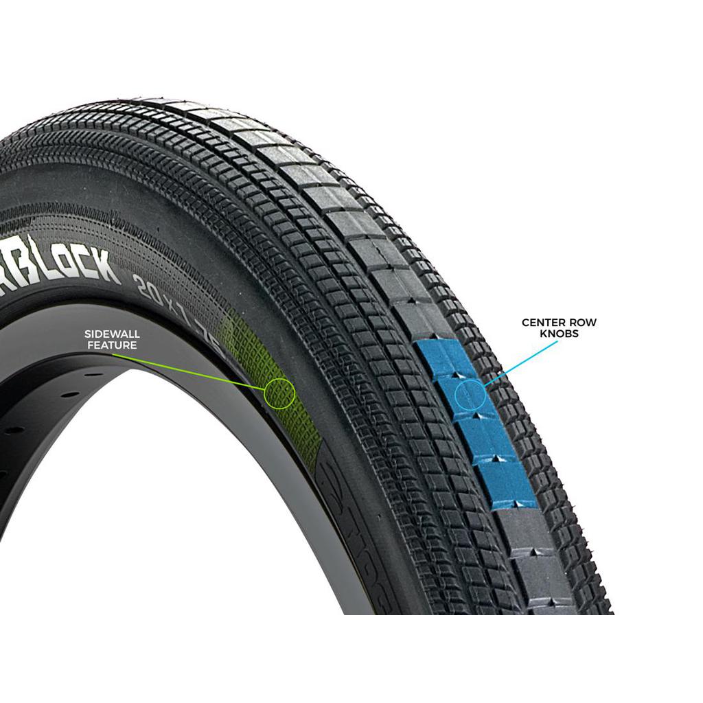 The Tioga Powerblock Tyre (20 Inch) features a highlighted sidewall, center row knobs, and a durable wire bead design.