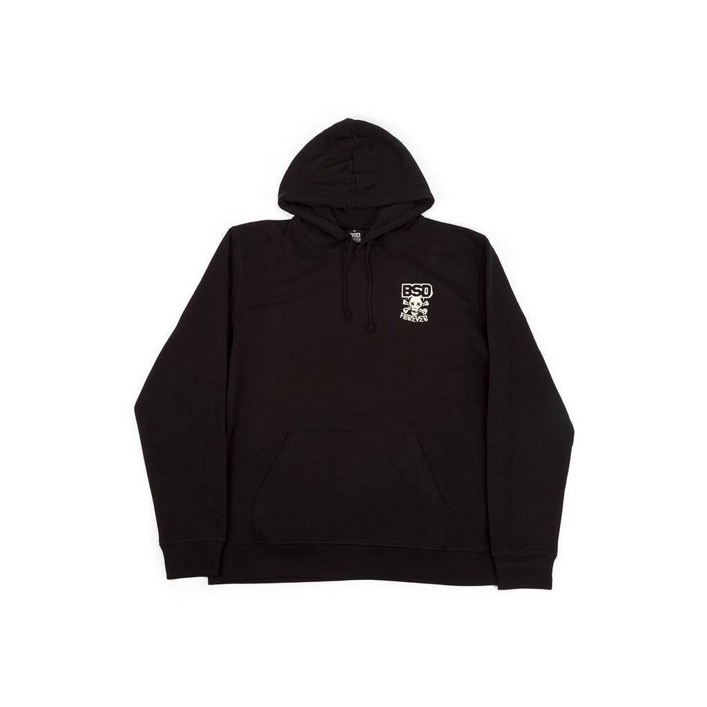 The BSD More Speed Hoodie is a black hoodie with a front pocket and features a white "BSO" logo and graphic on the chest.