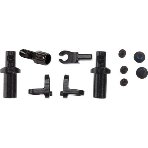 Fly Bikes EBS Brake Mount Kit, a versatile hardware set with small black components like screws, levers, and connectors, neatly arranged on a white background.