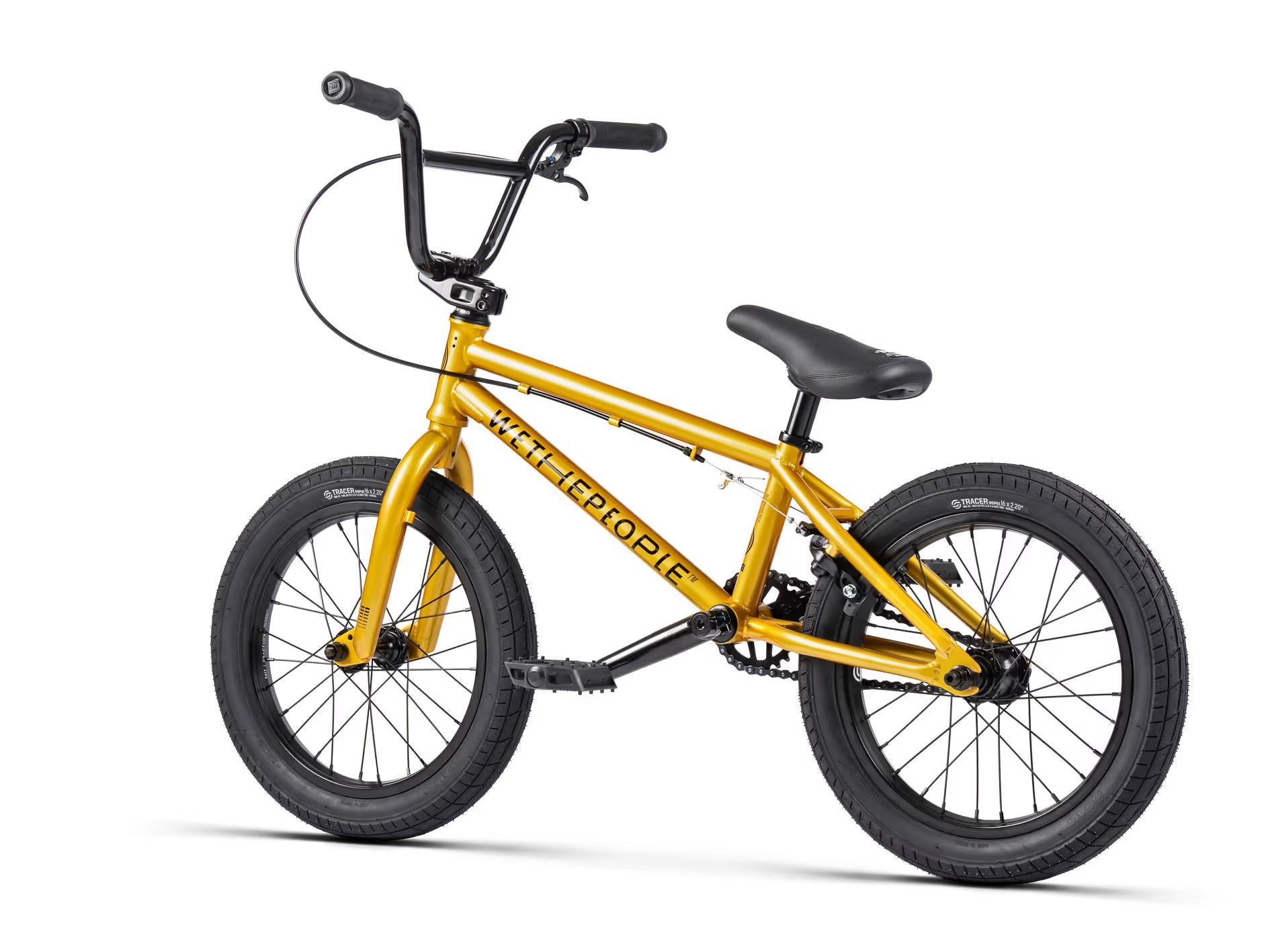 The Wethepeople Seed 16 Inch Bike is a yellow BMX-style bicycle, perfect for aspiring BMX riders, with black handlebars, seat, and pedals on a white background. The brand name stands out on the frame.