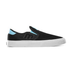 These Etnies Lo-Cut X DIG Slip-ons in black with blue accents and a white sole are ideal for those who appreciate sleek style.