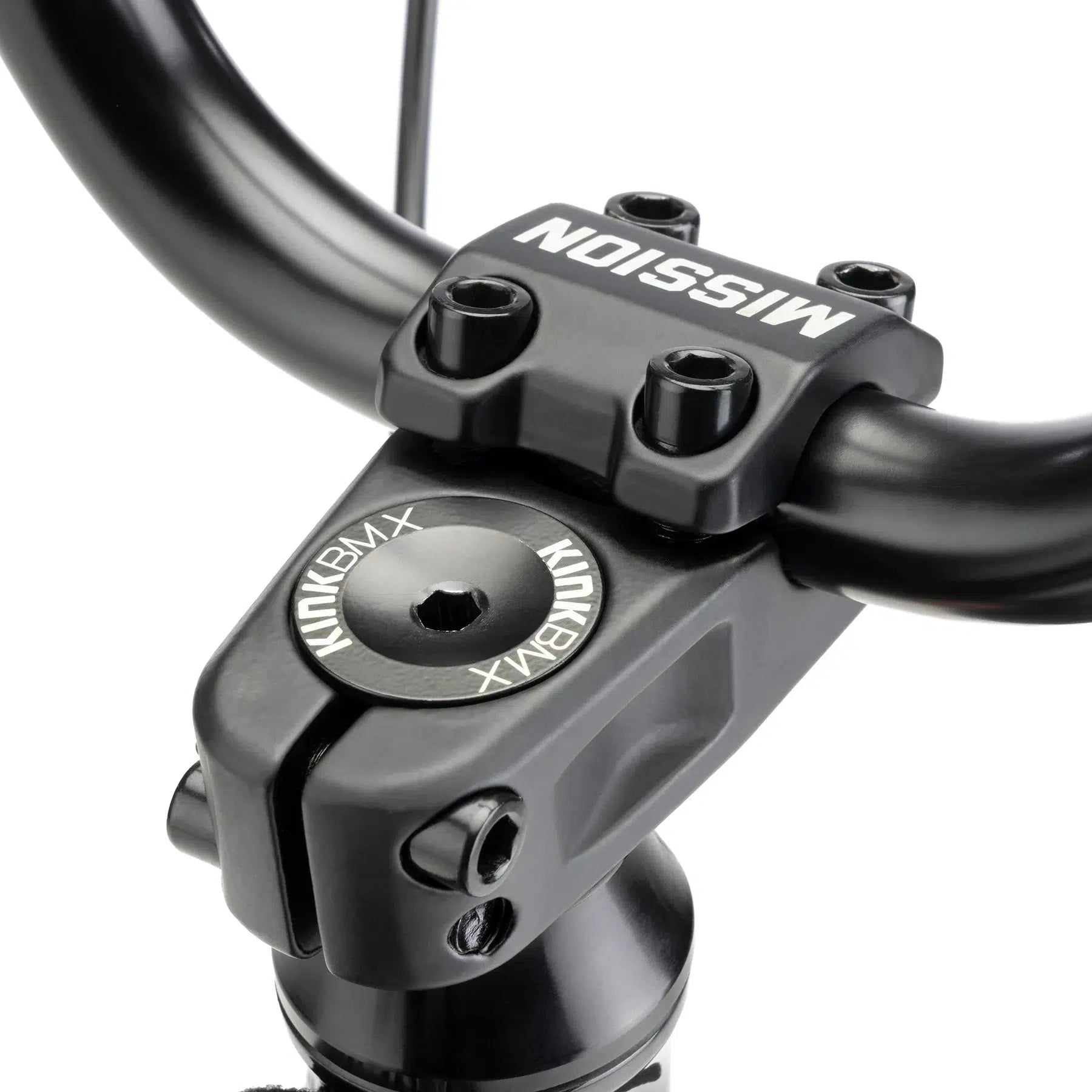 Close-up of a black bike stem and handlebars, featuring secure bolts and Mission branding details, ideal for the Kink Carve 16 Inch Bike.