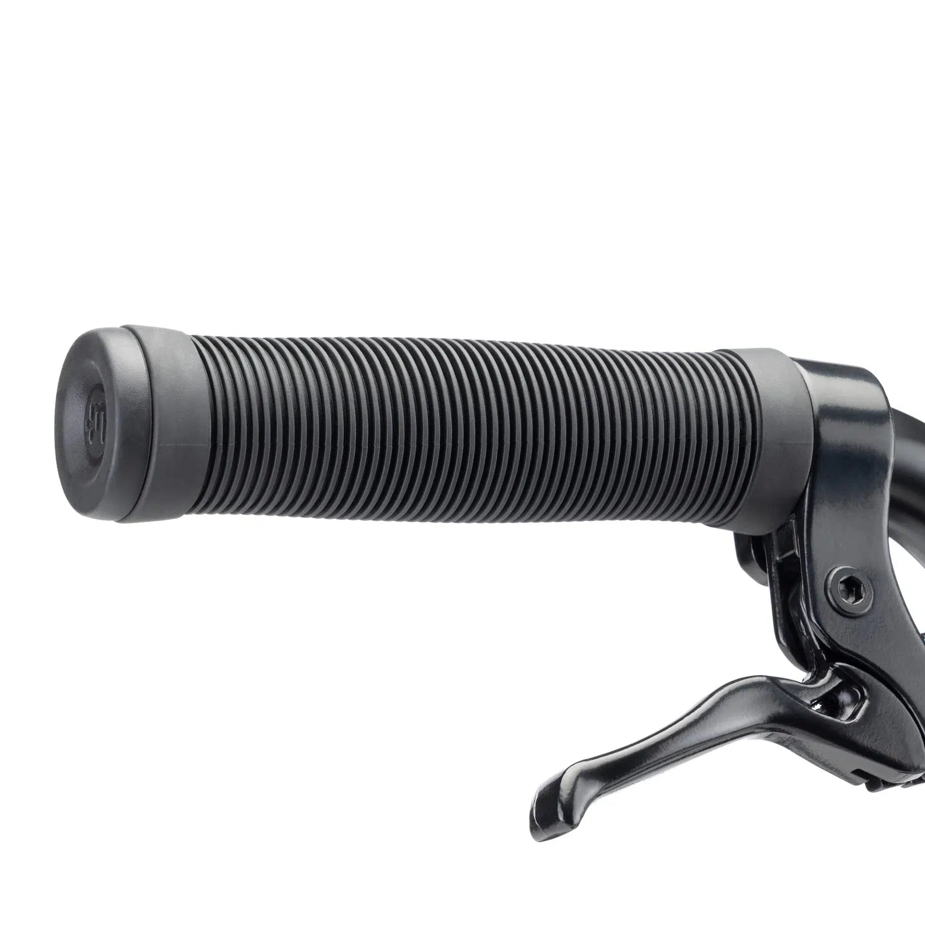 A close-up of the black handlebar grip on a BMX bike features a ridged texture and an integrated brake lever, showcasing the high-quality design associated with Mission parts used in the Kink Carve 16 Inch Bike.