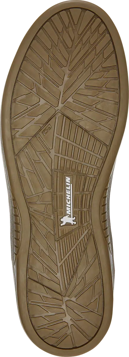 Close-up of the Etnies Marana Michelin Shoe sole in Brown/Black/Gum, displaying a geometric tread pattern and the word "Michelin" in white. Specifically designed for skateboarders, this sole utilizes Michelin performance rubber to offer exceptional durability and grip.