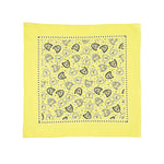 A yellow S&M Bandana featuring black and blue designs.