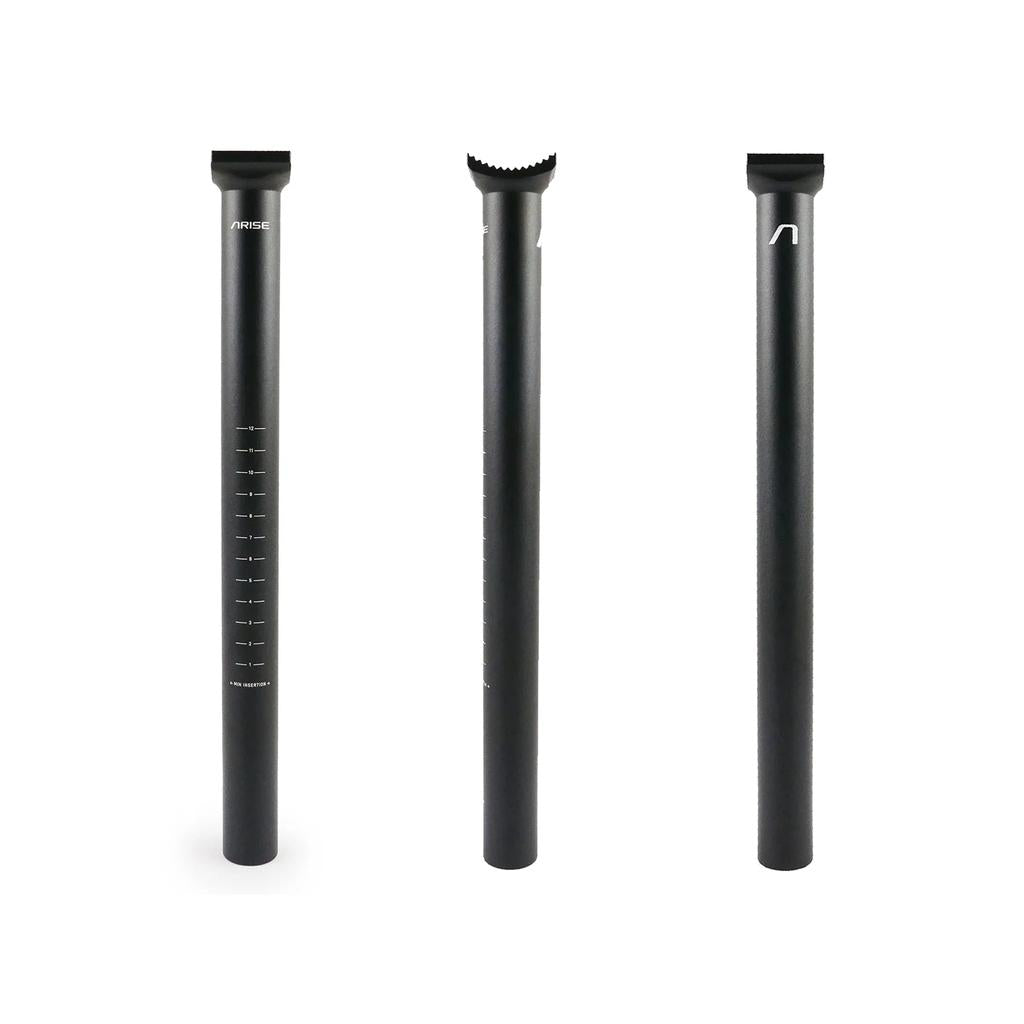 Three Arise Zoids Seat Posts made of durable 6061-T6 alloy are arranged vertically against a white background. They have varied top designs and subtle shaft markings, with one compatible with a pivotal system for optimal performance.