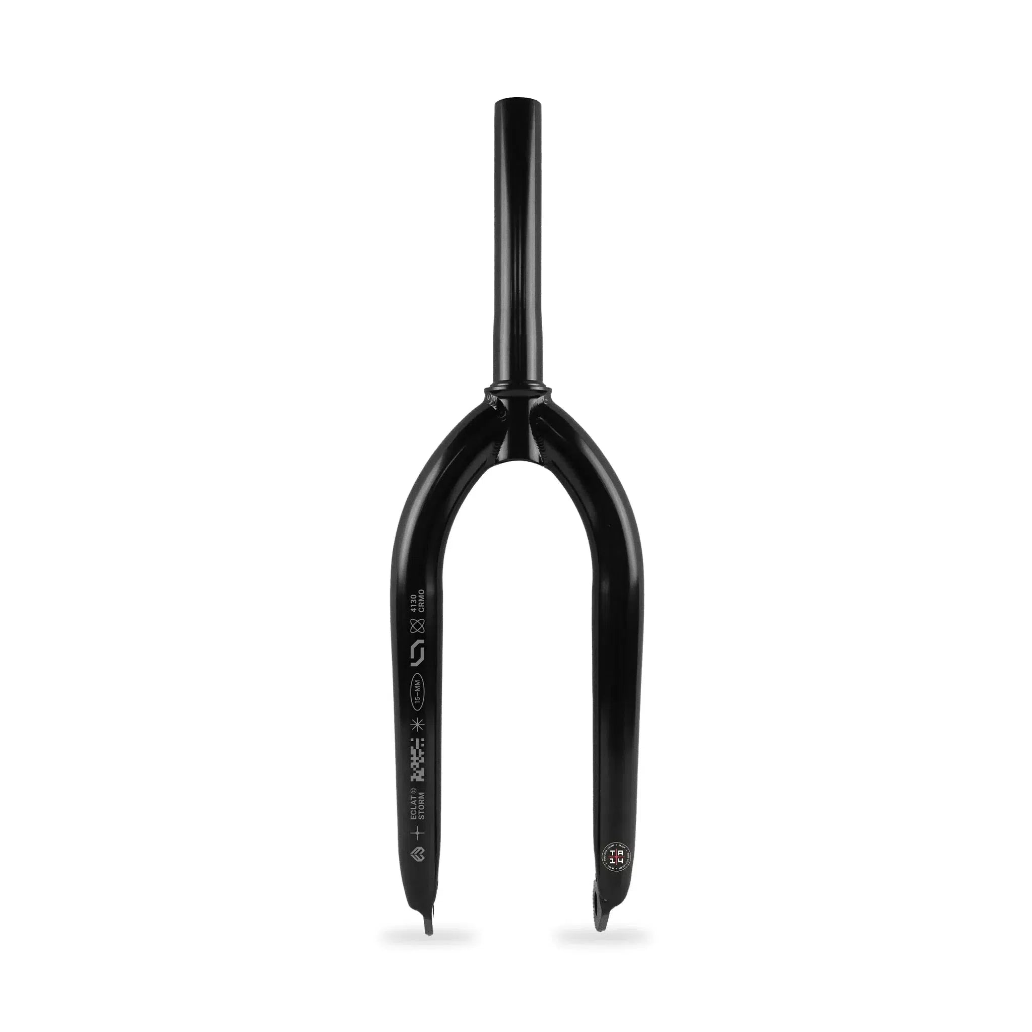 The Eclat Storm TA Forks (Thru-Axle) are black, crafted from seamless 4130 CrMo with a straight steerer tube, curved blades, technical markings, and a new-school closed dropout design.