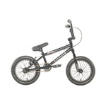 Introducing the Division Blitzer 14 Inch Bike: a sleek black Freestyle BMX with front and rear wheel pegs, a padded seat, and handlebars equipped with brake levers. Perfect for those seeking adrenaline and style in every ride.