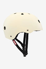 A Goodstock Certified Helmet / Matte Off-White with multiple ventilation holes, an EPS foam for added safety, a CoolMax liner for moisture control, and a black strap labeled "Globe.