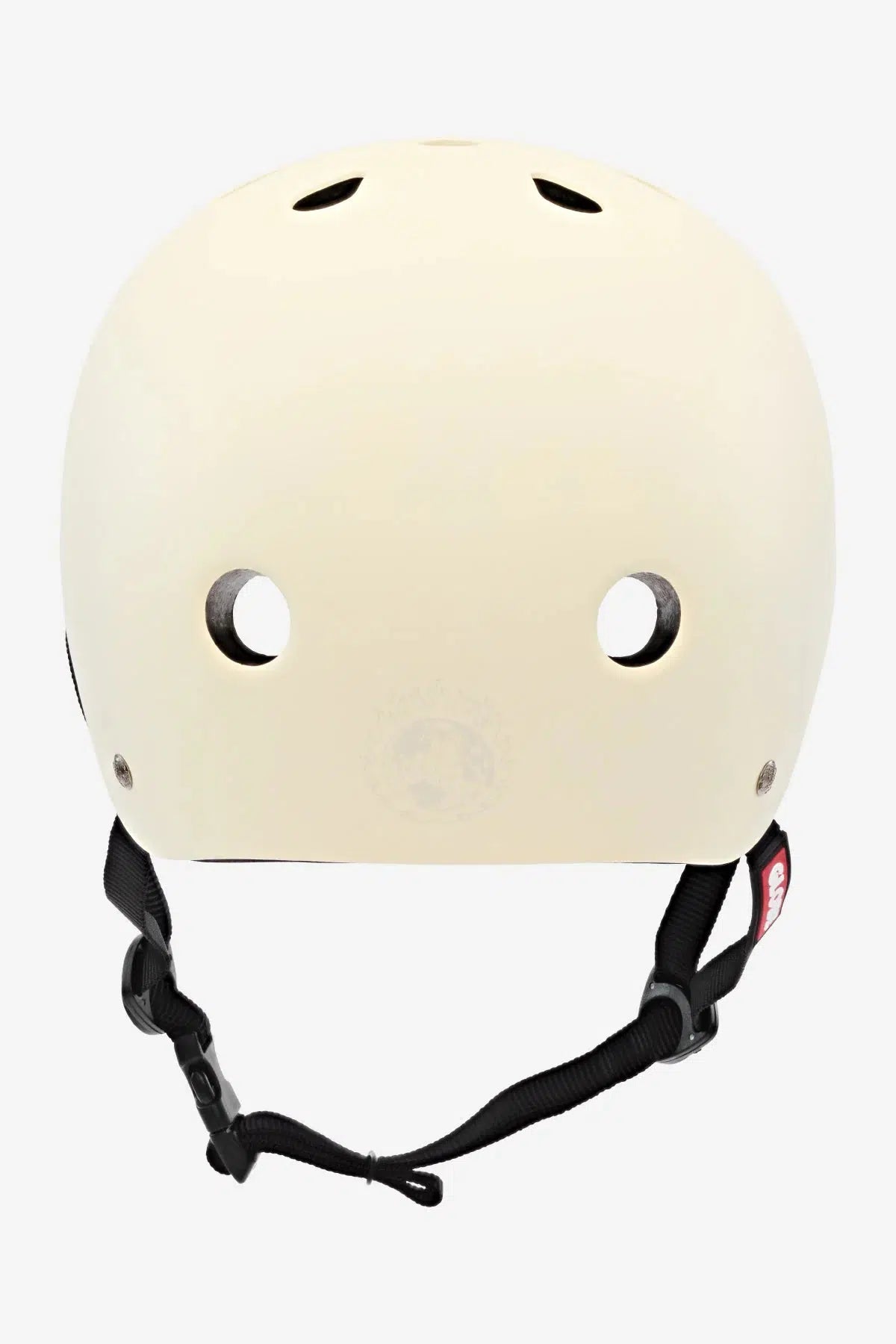 A Goodstock Certified Helmet / Matte Off-White with ventilation holes, an adjustable black chin strap, and a CoolMax liner for added comfort.