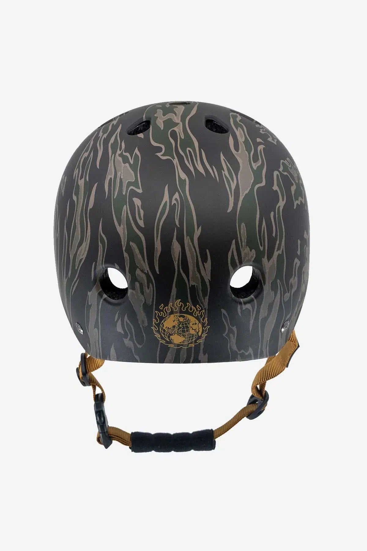 A matte black Goodstock Certified Helmet / Tiger Camo with a camouflage pattern, featuring ventilation holes on top, an adjustable chin strap, and high impact protection. The CoolMax liner ensures comfort and moisture-wicking during intense rides.