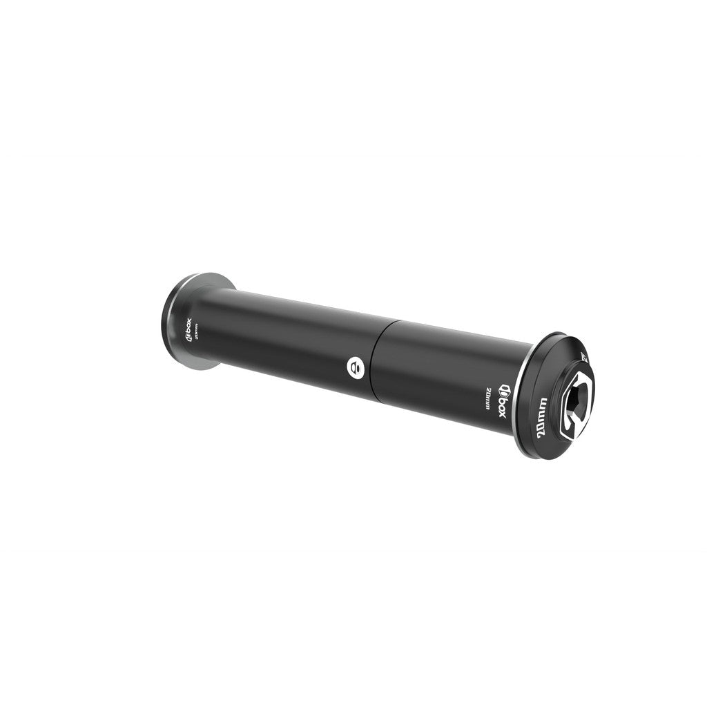 The Box One 20mm Thru-Bolt Adjustable 105mm to 130mm is a black cylindrical tool featuring a branded logo on one end, a screw-like feature, and a side button. It's perfect for fine-tuning your BMX racing setup and is compatible with 20mm through hubs, specifically designed for use with the Box One Adjustable Axle.