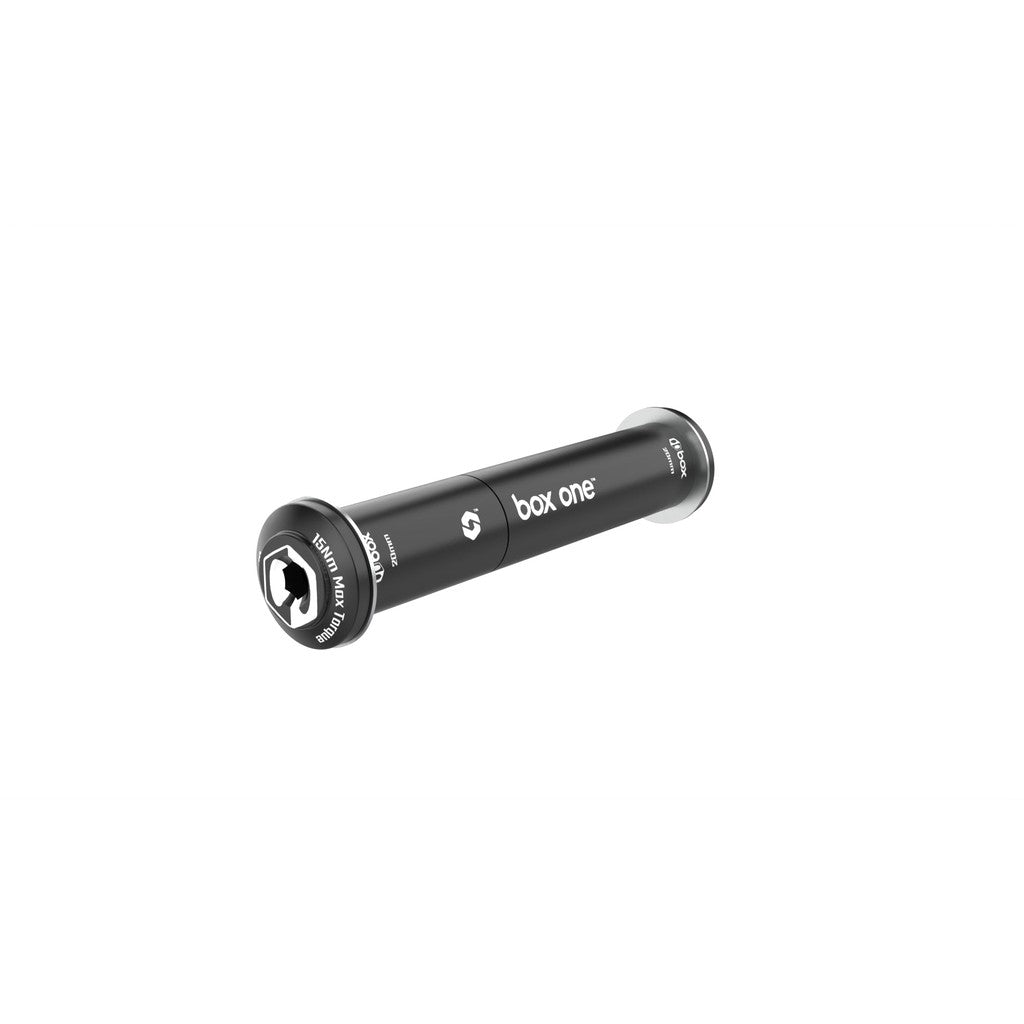 A black Box One 20mm Thru-Bolt Adjustable 105mm to 130mm bicycle stem with white text, ideal for a BMX racing setup, showcased on a plain white background.