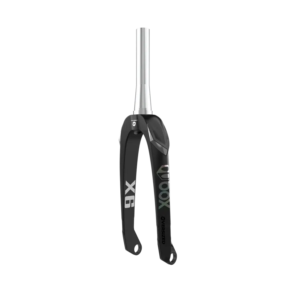 Introducing the Box Hex Lab Oversized X6 Pro 20 Inch 20mm Tapered Carbon fork: a black bicycle fork marked with "X6" and "VOOX" on its legs. It features a titanium steerer tube and disc brake mounts, making it perfect for BMX race enthusiasts who seek durability paired with precision handling.