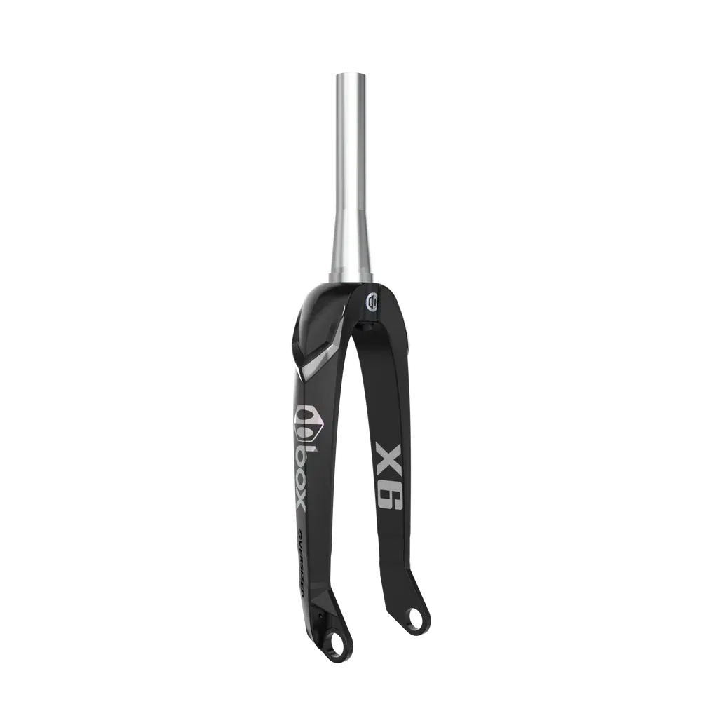 Black BMX race fork from the Box Hex Lab Oversized X6 collection, adorned with "X6" and "box" logos, and equipped with a sleek titanium steerer tube.