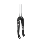 A sleek Black Box Hex Lab Oversized X6 Pro 20 Inch 20mm Tapered Carbon bicycle fork featuring a titanium steerer tube, showcased against a solid black background, perfect for any BMX race enthusiast.