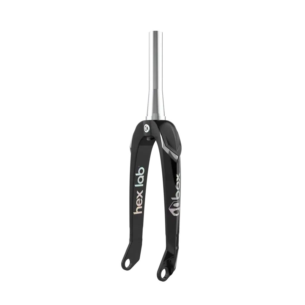 A black and silver bicycle fork branded with "Box" and "Hex Lab," featuring a titanium steerer for enhanced strength, is showcased on a white background. It's the Box Hex Lab Oversized X6 Pro 20 Inch 20mm Tapered Carbon model.