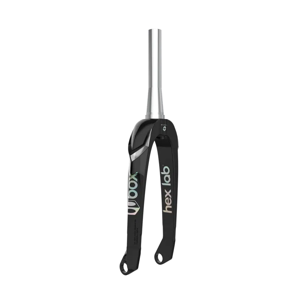 Close-up of a black Box Hex Lab Oversized X6 Pro bicycle suspension fork with "100 mm" printed on it, featuring a sleek titanium steerer, set against a plain white background.