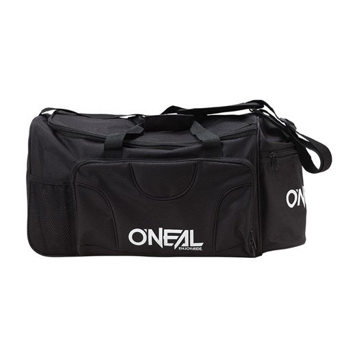 The Oneal TX2000 Gear Bag is a versatile black duffle made of durable 600D polyester, featuring heavy-duty zippers, a white logo, a mesh side pocket, multiple compartments, and an adjustable shoulder strap for convenience.