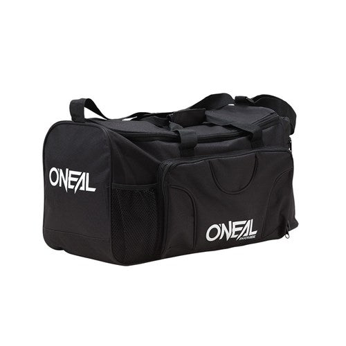 The Oneal TX2000 Gear Bag, made from durable 600D polyester, features a white logo, heavy-duty zippers, multiple compartments, and dual handles for easy transport.