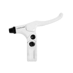 The Odyssey Monolever Medium Lever is a lightweight white bicycle brake lever with a black adjustment dial and screws, featuring a hinged clamp for easy installation.