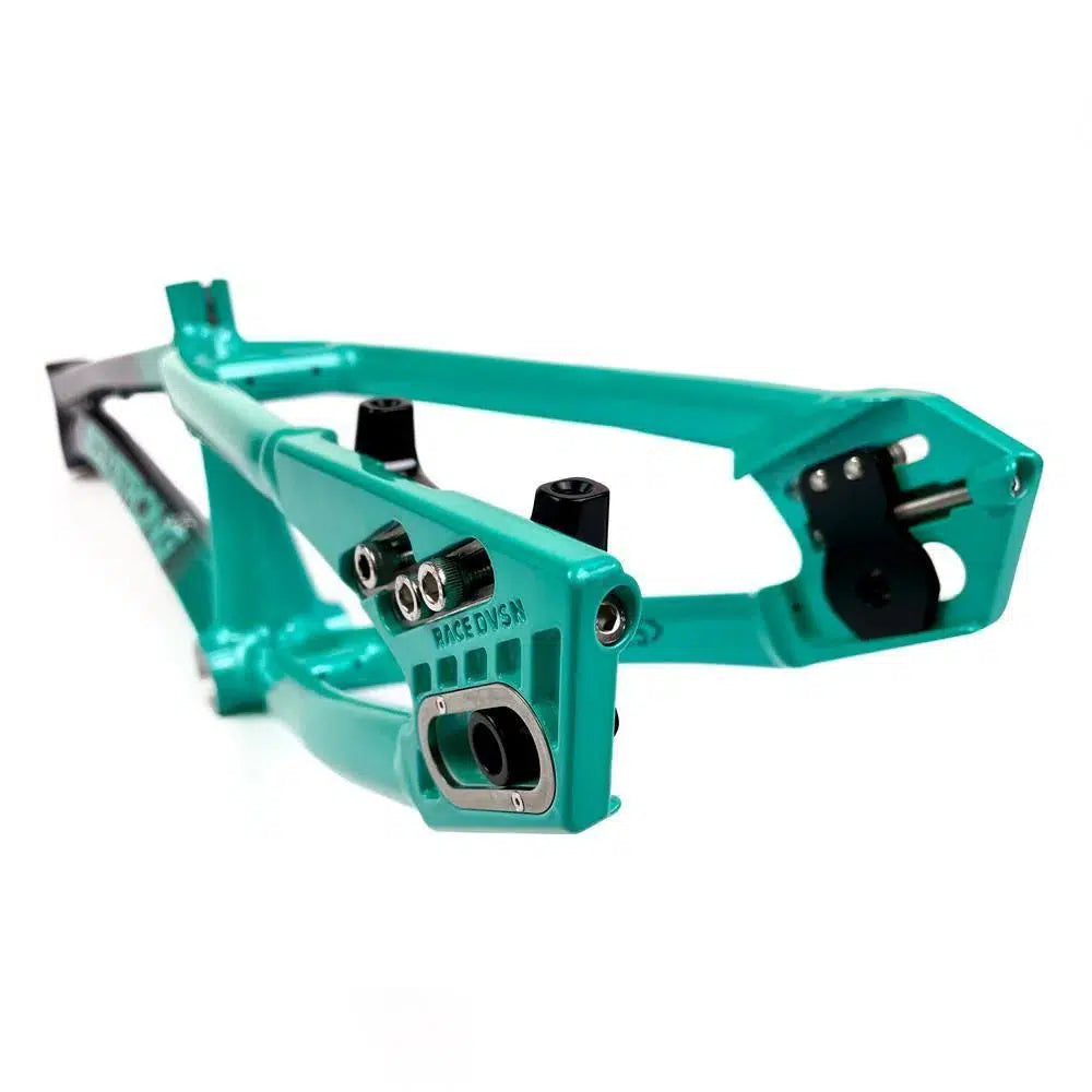 Close-up view of a teal and black Staystrong V5 Disc Pro XXXL Frame component, showcasing detailed mounts and connection points built with 6061 alloy tubing.