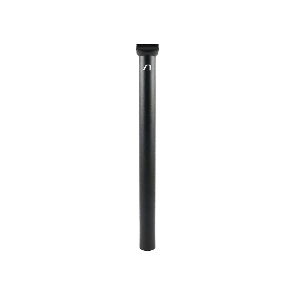 The Arise Zoids Seat Post, made from sturdy 6061-T6 alloy, showcases a black design with a logo on top. Compatible with pivotal systems for improved performance and reliability, it is artistically displayed against a white background.