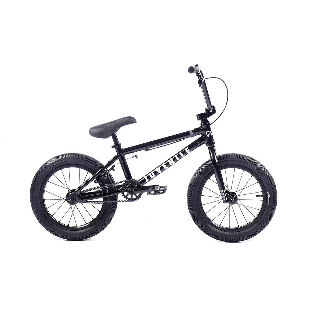 A black BMX bike with thick tires, a padded seat, and a small aluminum frame labeled "Cult Juvi 16 Inch Bike." The bike is set against a plain white background.