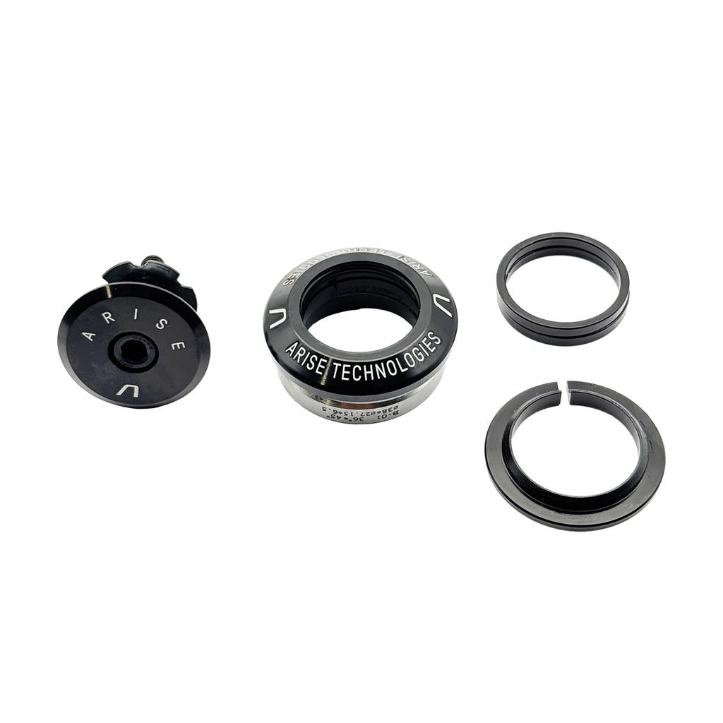 A set of black and silver bike headset components labeled "ARISE TECHNOLOGIES," featuring CNC machined precision, from the Arise Crystal Integrated Headset 1 Inch collection, displayed on a white background.