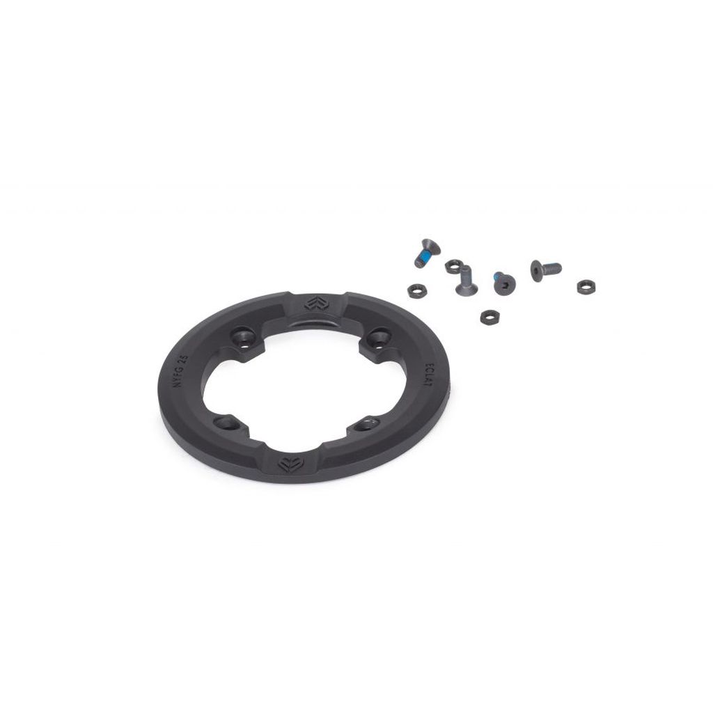 The Wethepeople Viper Sprocket Replacement Guard is a round, black plastic component with a hollow center, crafted for friction-free grinding, and comes with several small screws and washers set against a white background.