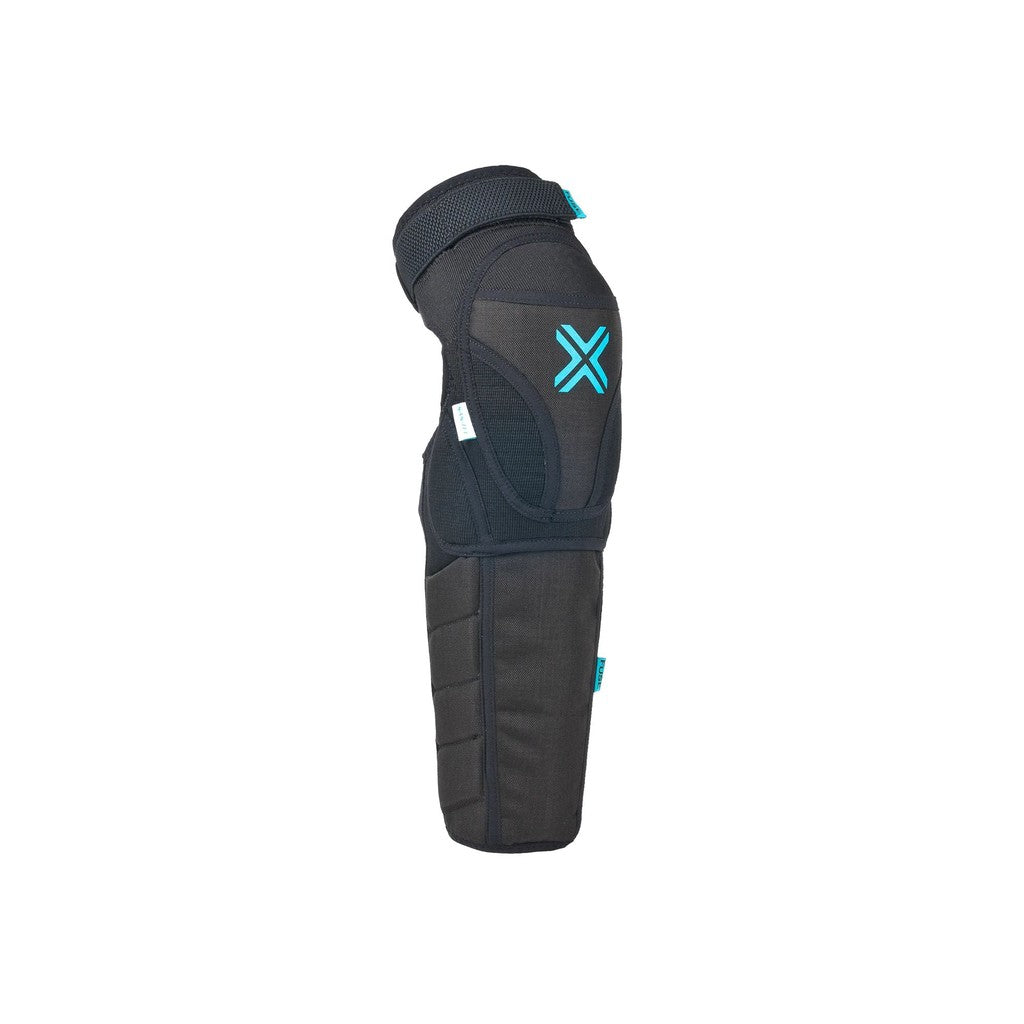 Black knee and shin combo pads with blue SAS-TEC accents, featuring padded sections and a Velcro strap for securing, crafted from Rip Stop Cordura.