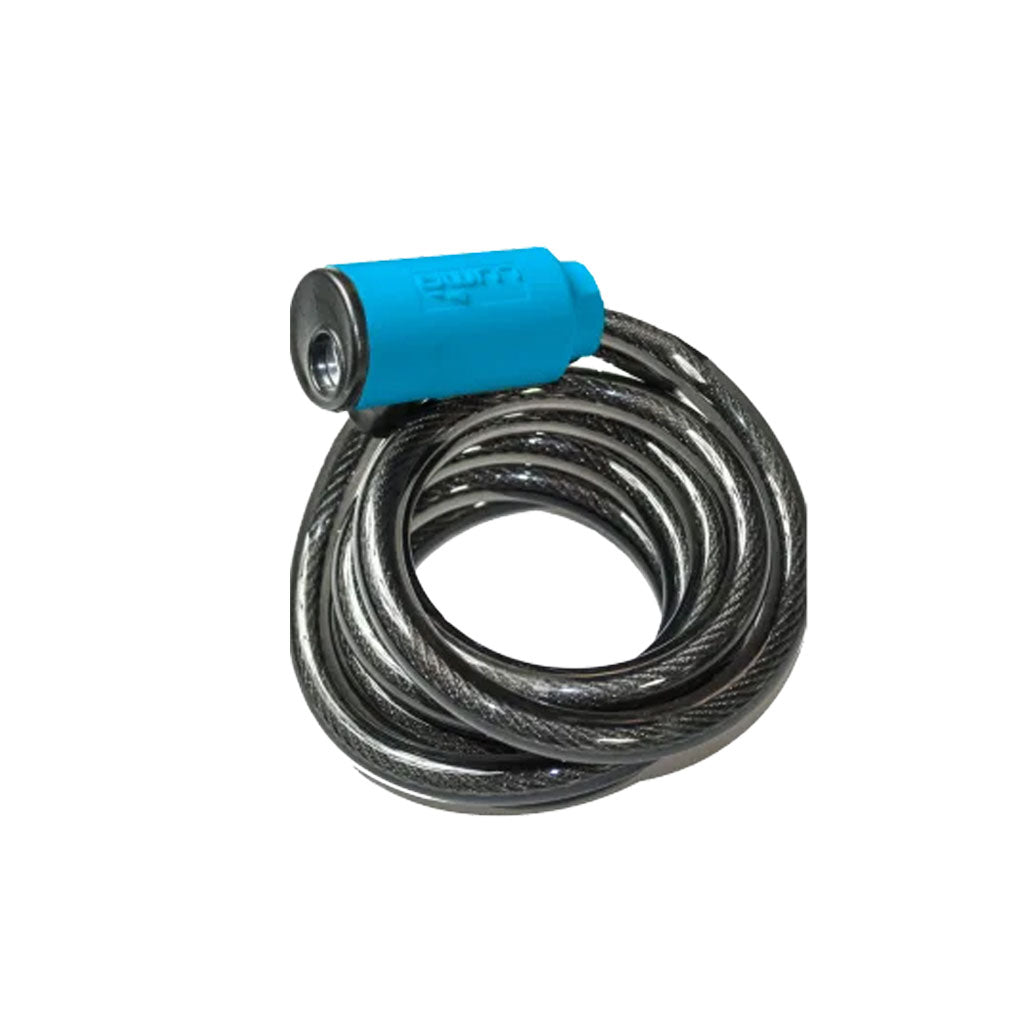 The Luma Bike Lock (12mm x 1850mm) is a coiled black bike lock that features a durable steel cable and a blue cylindrical key lock mechanism.