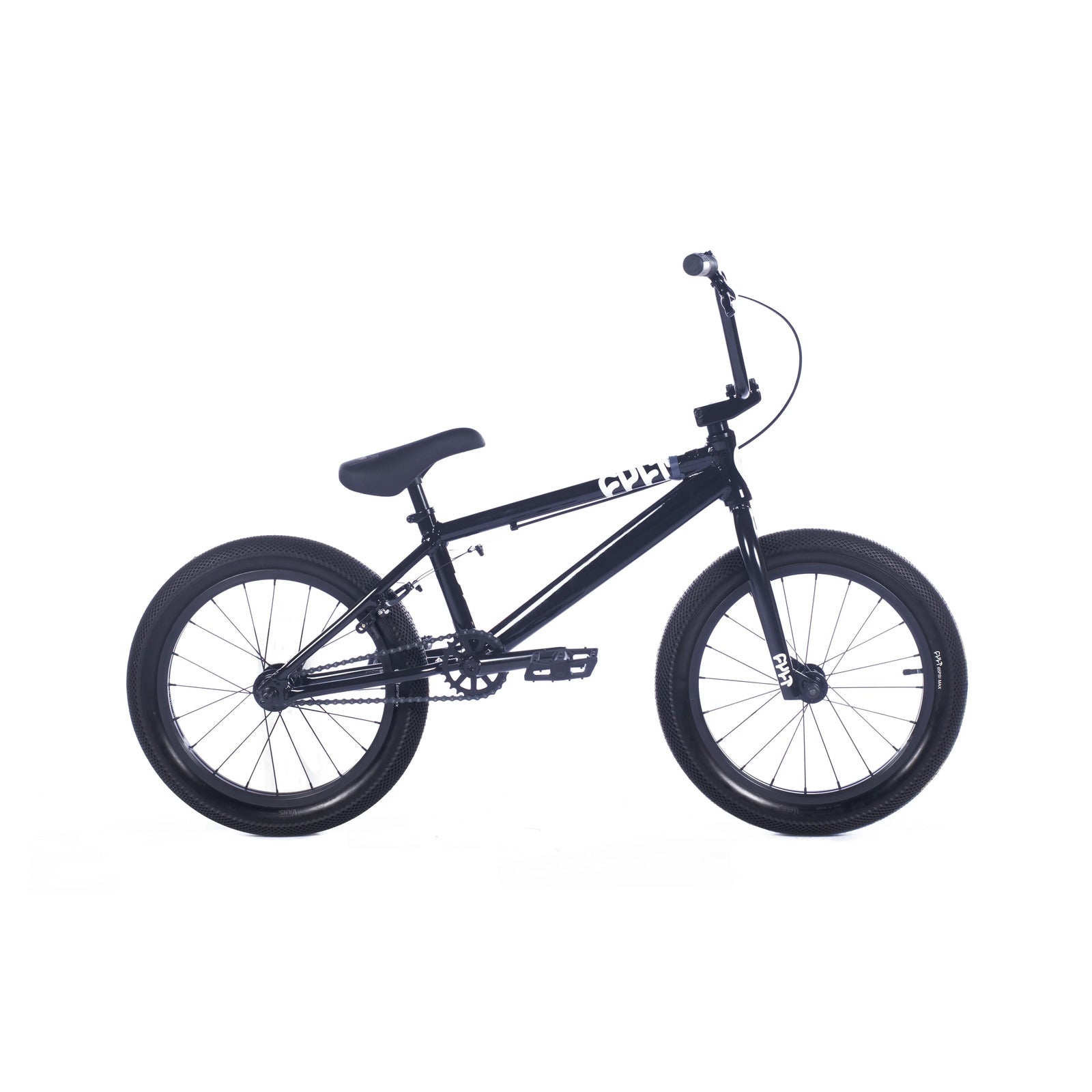 A Cult Juvi 18 Inch Bike in black, boasting an aluminium frame, thick tires, and straight handlebars. This bike is equipped with a single-speed drivetrain, pegs on both the front and rear wheels, and a sealed bottom bracket for smooth performance.