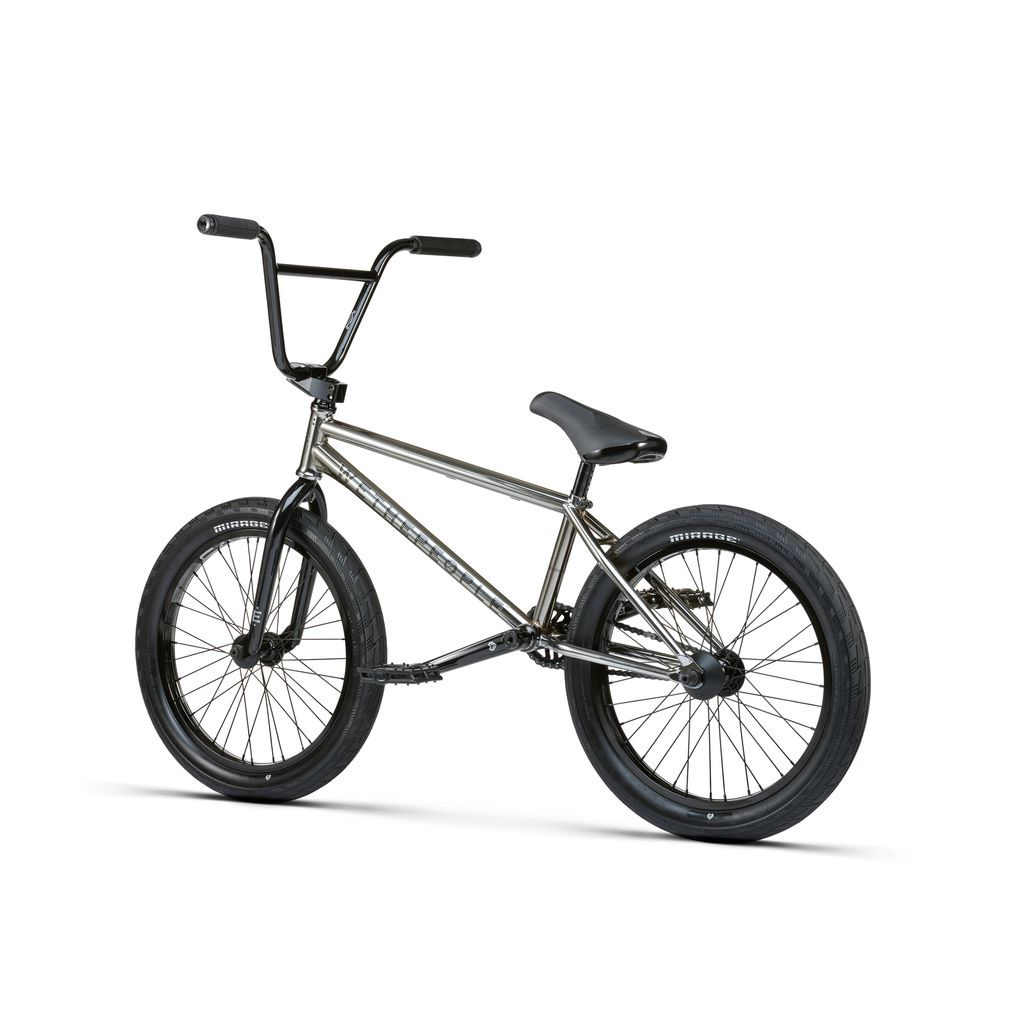 The Wethepeople Envy 20 Inch BMX bike showcases a metallic frame paired with black Eclat components, including handlebars and tires, beautifully contrasted against a sleek white backdrop.