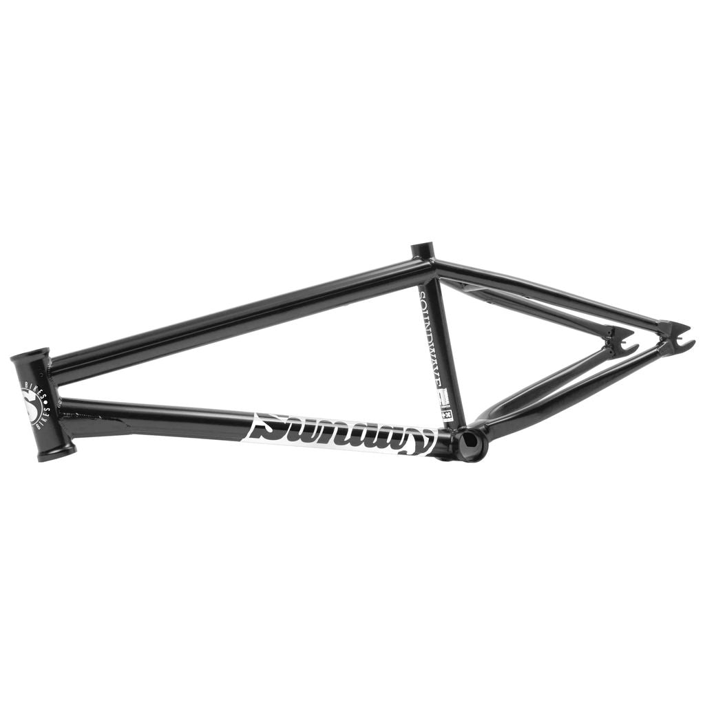 A black BMX bike frame with the brand name "Sunday" written in white on the lower tube, showcasing the 41 Thermal Processed Sunday Soundwave V3 Frame.