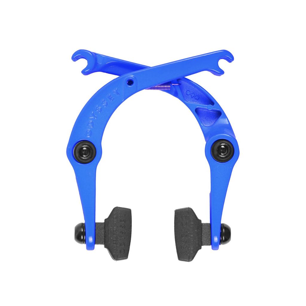 The Odyssey Springfield Brakes feature blue arms crossed at the top, black pads, and pivot bolts. Engineered for easy setup, they offer an affordable brake option without compromising quality.